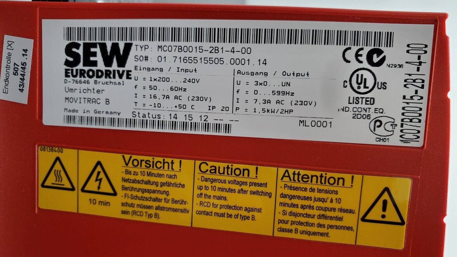 SEW EURODRIVE B Series MC07B0015-2B1-4-00 1.5kW / 2.0HP AC 7.3A
