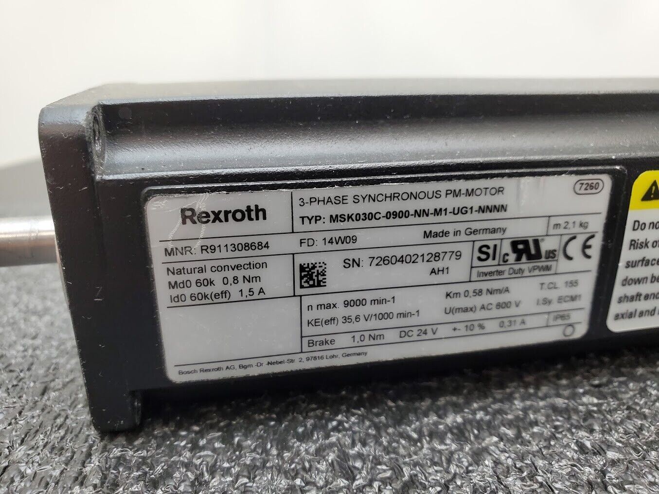 Rexroth 3 Phase 3PH Servo Motor MSK030C-0900-NN-M1-UG1-NNNN 1Nm Holding Brake
