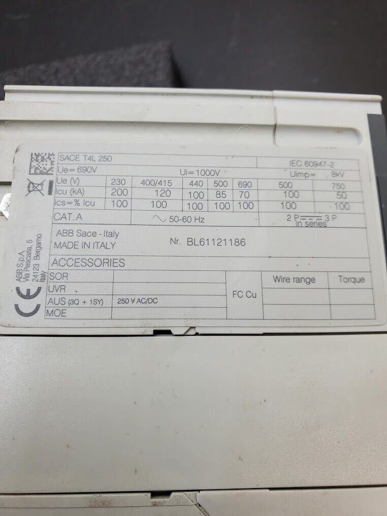 ABB SACE T4L 250 Three-Pole 3 Phase Circuit Breaker Sace Tmax Lever Extension