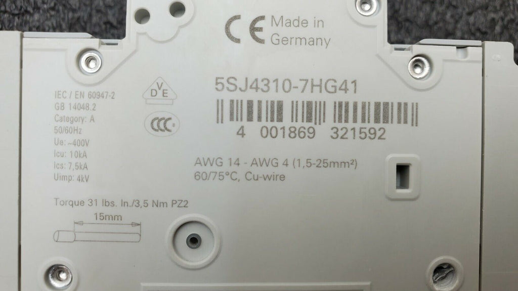 SIEMENS 5SJ4310-7HG41 Circuit Breaker 5SJ43, 10A, 240 V, 14kA, Type HSJ, 3-Pole