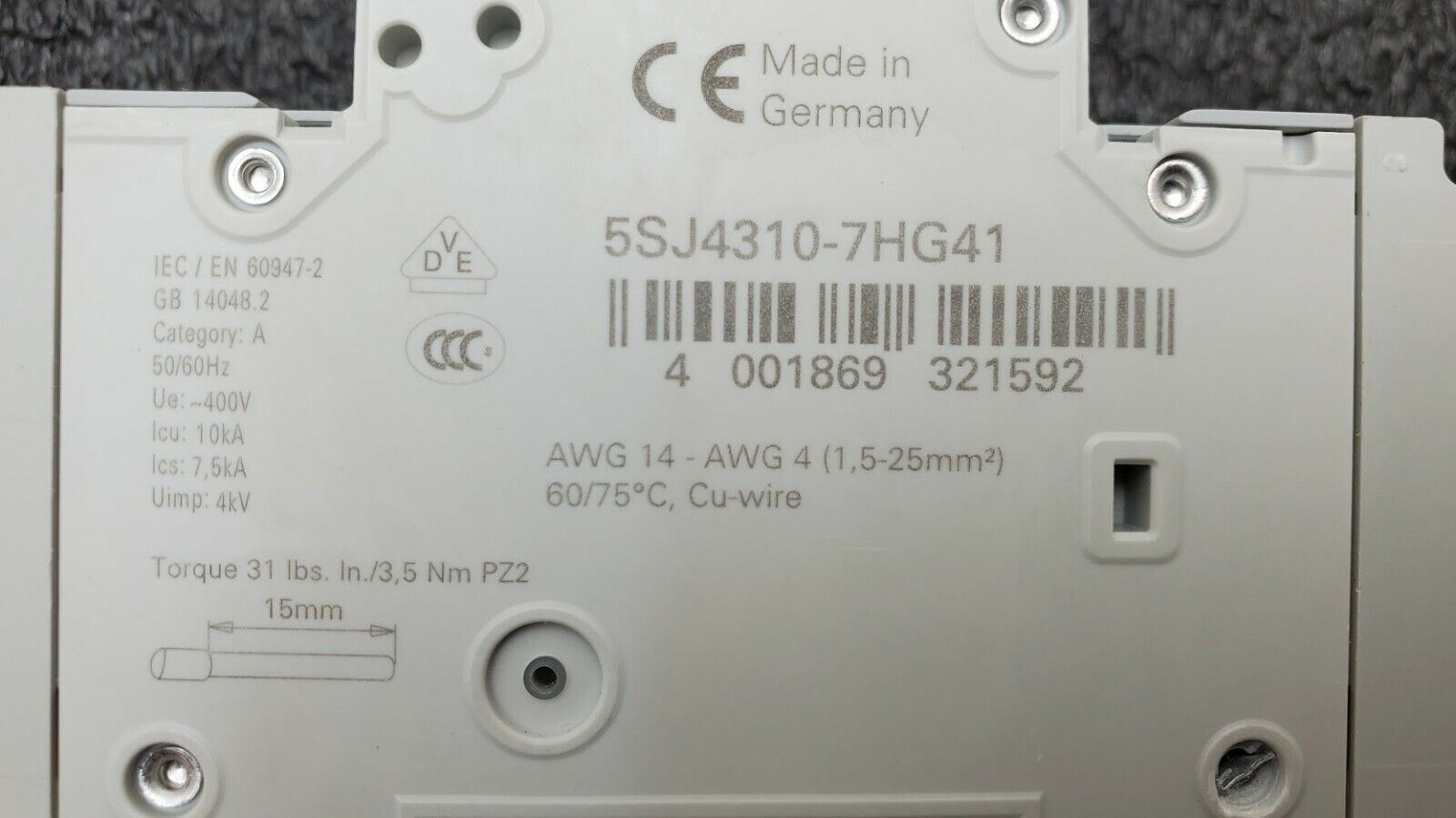 SIEMENS 5SJ4310-7HG41 Circuit Breaker 5SJ43, 10A, 240 V, 14kA, Type HSJ, 3-Pole