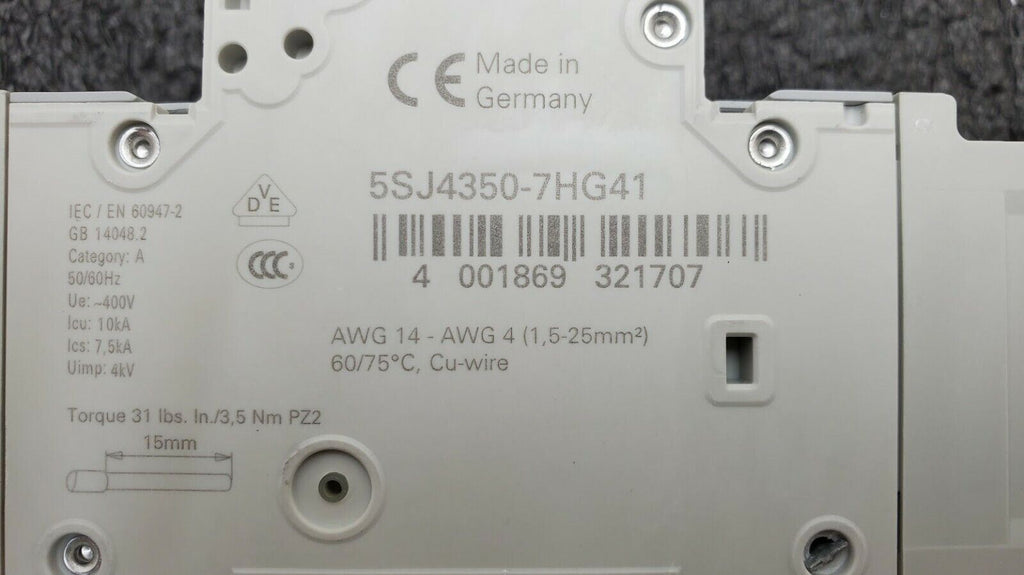 SIEMENS 5SJ4350-7HG41 Circuit Breaker 5SJ43, 50A, 240 V, 50/60Hz Type HSJ 3-Pole