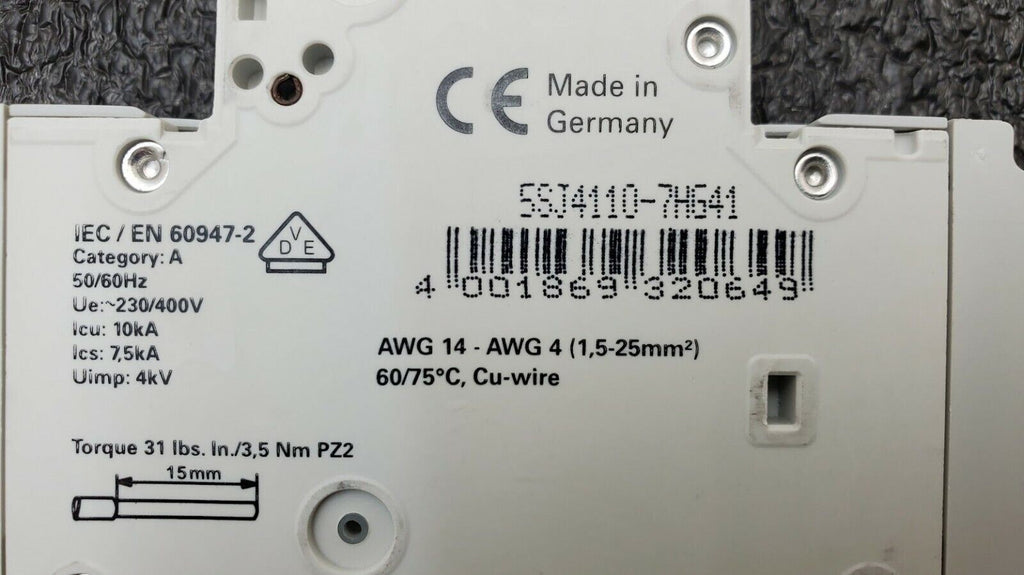 SIEMENS 5SJ4110-7HG41 Circuit Breaker 5SJ41, 10A, 240 V, 50/60Hz Type HSJ 1-Pole