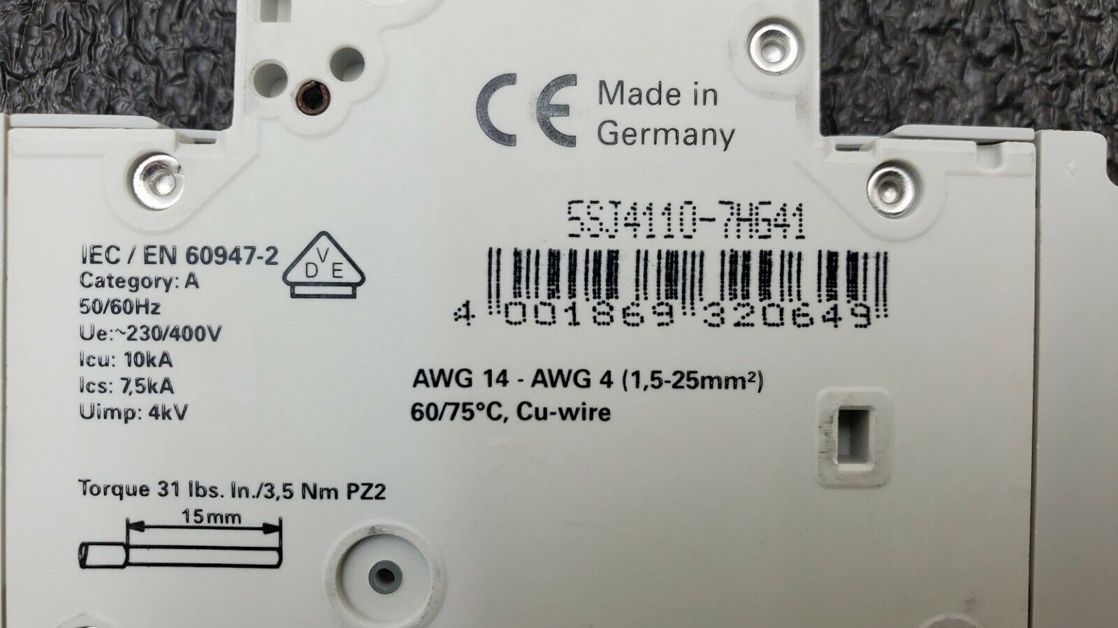 SIEMENS 5SJ4110-7HG41 Circuit Breaker 5SJ41, 10A, 240 V, 50/60Hz Type HSJ 1-Pole