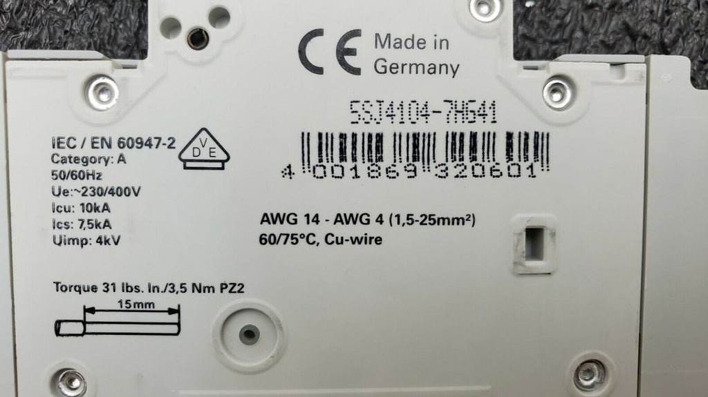SIEMENS 5SJ4104-7HG41 Circuit Breaker 5SJ41, 4A, 240 V, 50/60Hz Type HSJ 1-Pole
