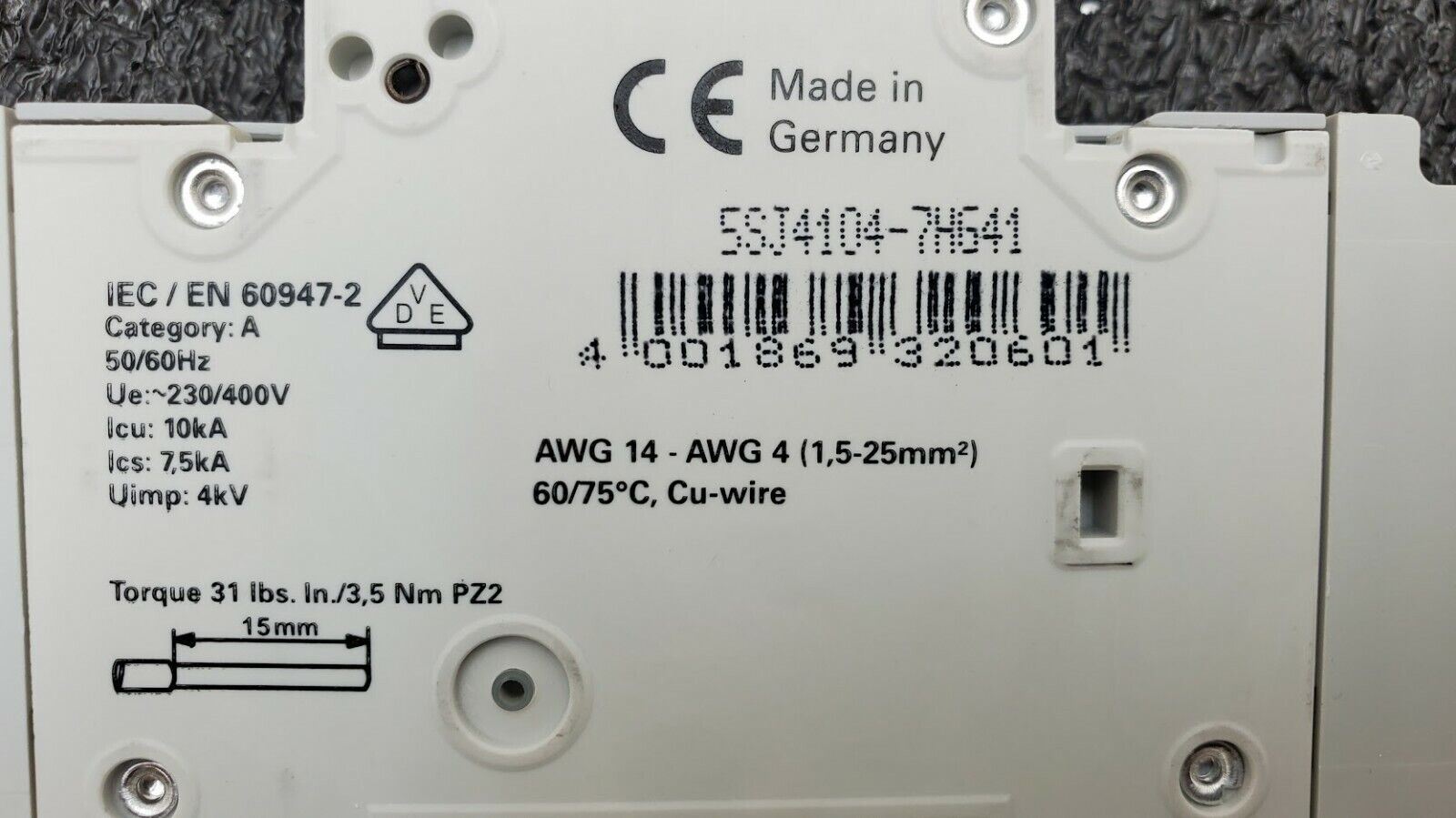 SIEMENS 5SJ4104-7HG41 Circuit Breaker 5SJ41, 4A, 240 V, 50/60Hz Type HSJ 1-Pole