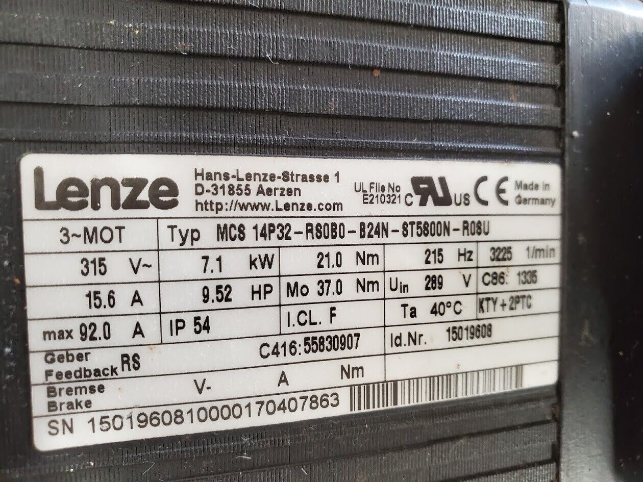 Lenze MCS 14P32-R80B0-B24N-8T5800N-R08U 7.1kW 9.5HP 3PH Servo Motor Working "A"