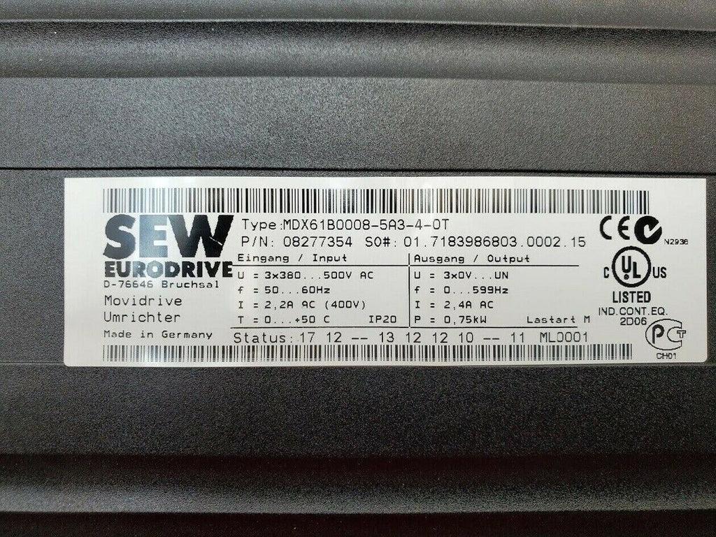 SEW EURODRIVE Movidrive VFD MDX61B0008-5A3-4-0T 0.75kW 500VAC 50/60Hz BW090-P52B