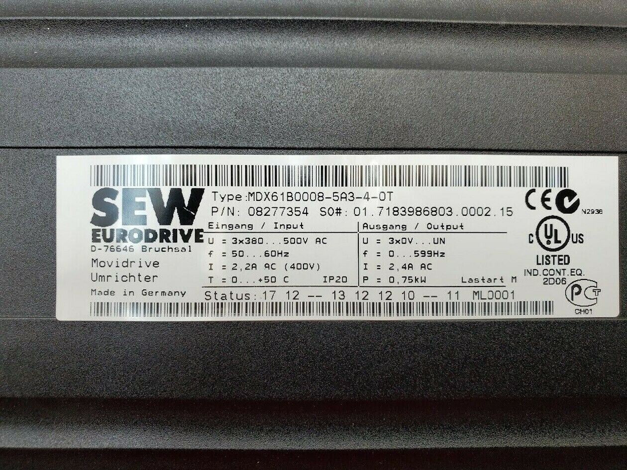 SEW EURODRIVE Movidrive VFD MDX61B0008-5A3-4-0T 0.75kW 500VAC 50/60Hz BW090-P52B