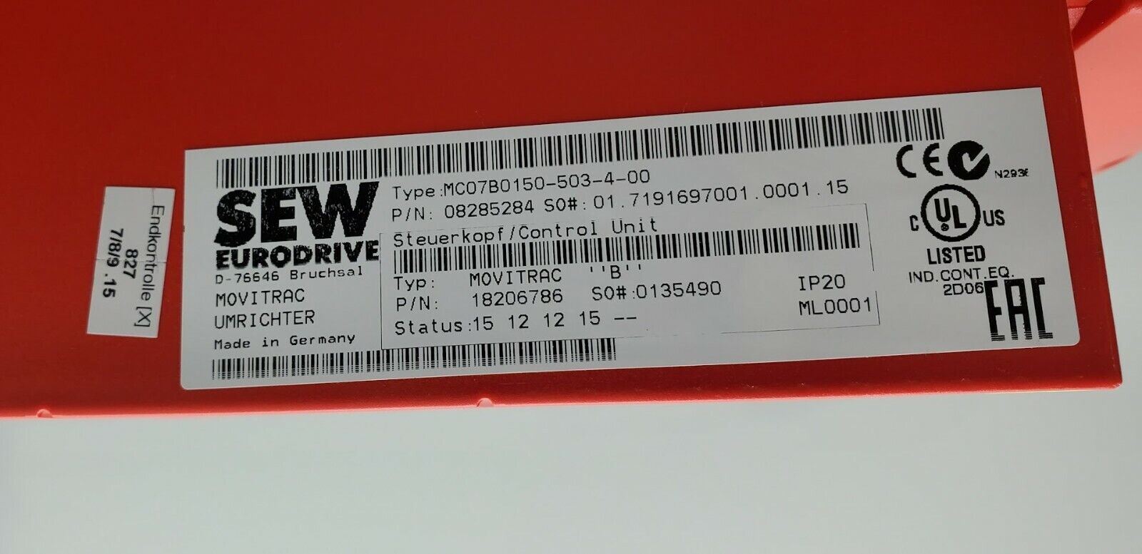 SEW EURODRIVE MDX60A0150-503-4-00 Drive Inverter w/ MC07B0150-503-4-00 MOVITRAC