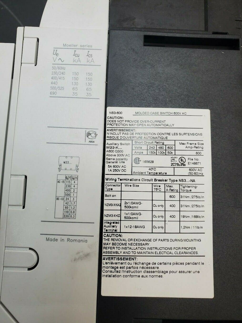 EATON MOELLER Schneider NS3-600 Circuit Breaker  240 480 600V Disconnect Switch