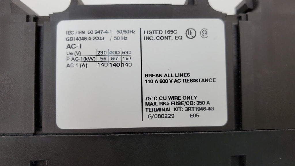 SIEMENS SIRIUS 3RT1446-1AL20 Contactor 140A 400V 230VAC 50/60Hz w/ 3RH1921-1HA22