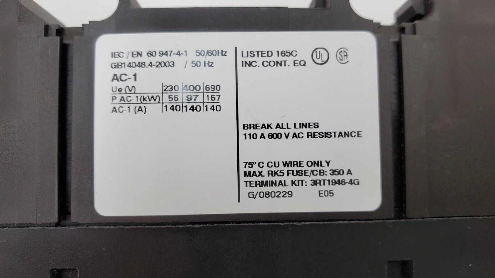 SIEMENS SIRIUS 3RT1446-1AL20 Contactor 140A 400V 230VAC 50/60Hz w/ 3RH1921-1HA22