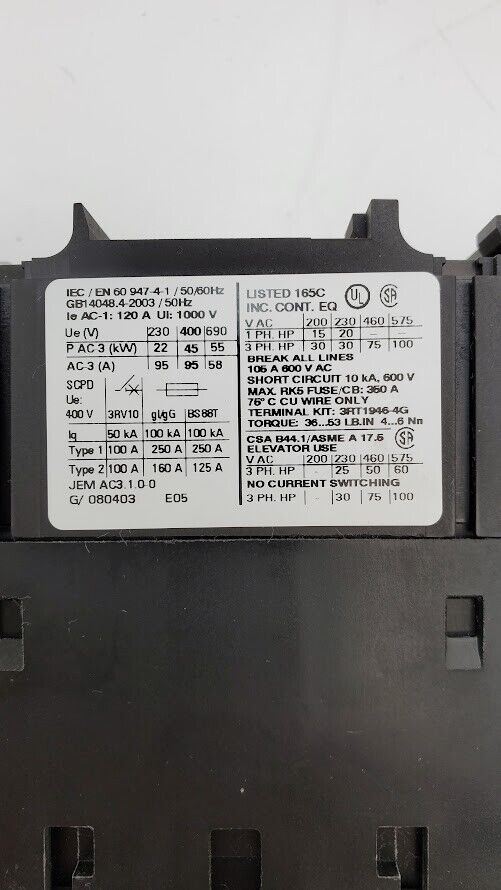 SIEMENS SIRIUS 3RT1046-1AL24 Contactor 95A 400V 230VAC 50/60Hz w/ 3RH1921-1HA22