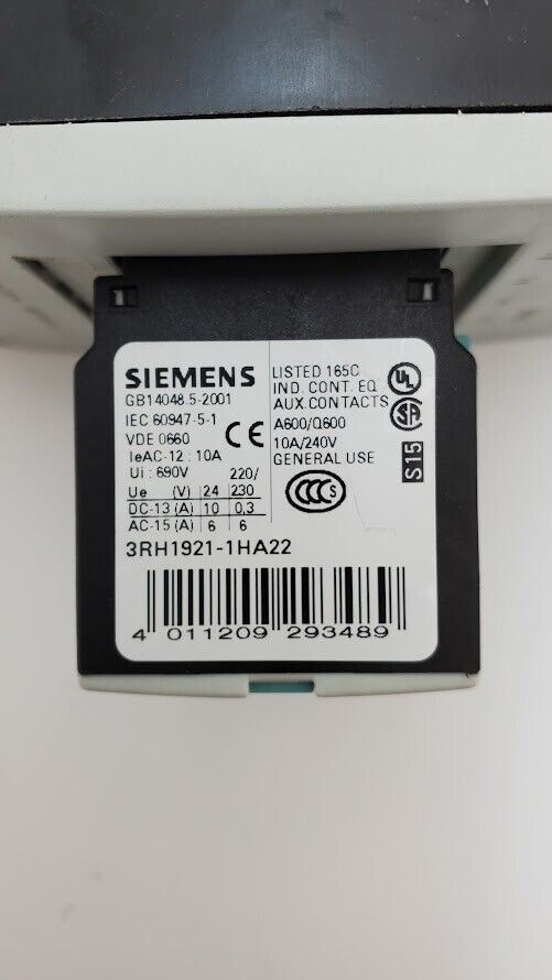 SIEMENS SIRIUS 3RT1046-1AL24 Contactor 95A 400V 230VAC 50/60Hz w/ 3RH1921-1HA22