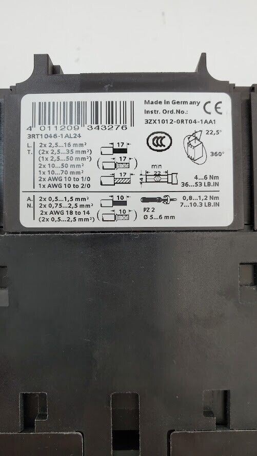 SIEMENS SIRIUS 3RT1046-1AL24 Contactor 95A 400V 230VAC 50/60Hz w/ 3RH1921-1HA22