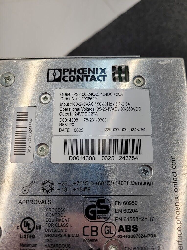 Phoenix Contact QUINT-PS/100/240AC/24DC/20 Power Supply Unit 24V 20A Output