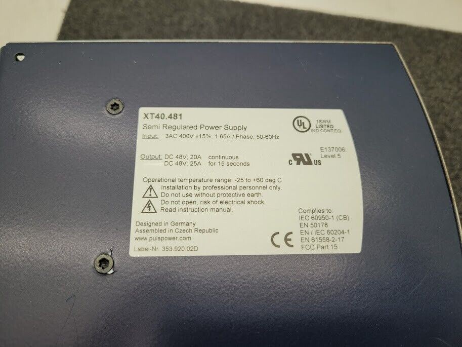 PULS Dimension XT40 Power Supply DIN Rail Mount XT40.481 3PH 400V to 48VDC 20A