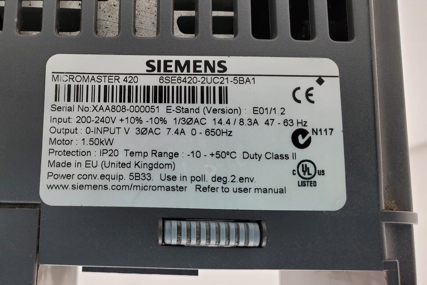 SIEMENS Micromaster 420 6SE6420-2UC21-5BA1 Inverter Drive 1.5 kW 240V ProfiBus