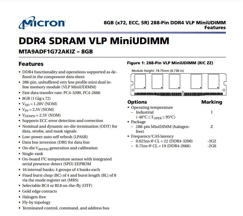 Mircon MTA9ADF1G72AKIZ-2G6B1ZI 8GB (x72, ECC, SR) DDR4 SDRAM VLP MiniUDIMM RAM