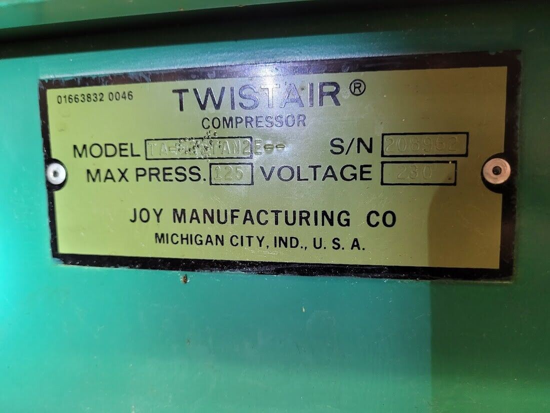Rotary Screw Joy Twistair TA-025 30hp Air Compressor 230VAC 3PH 130 gallon tank