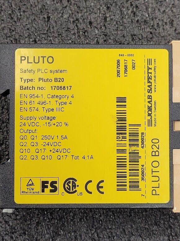 Jakob Safety PLC ABB Pluto B20 Safety Relay  4x 4-20mA/0-10V analog inputs 24VDC