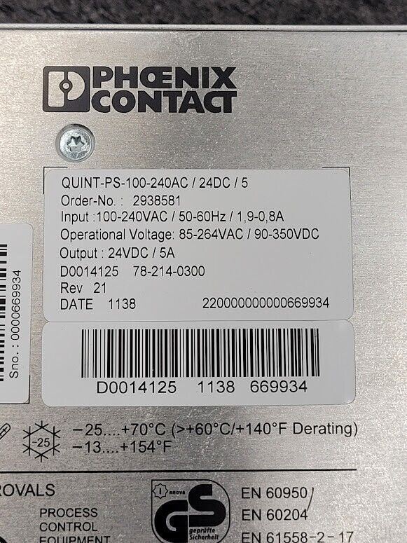 Phoenix Contact Quint-PS-100-240AC/24DC/5 Power Supply In: 100/240V Out: 24VDC