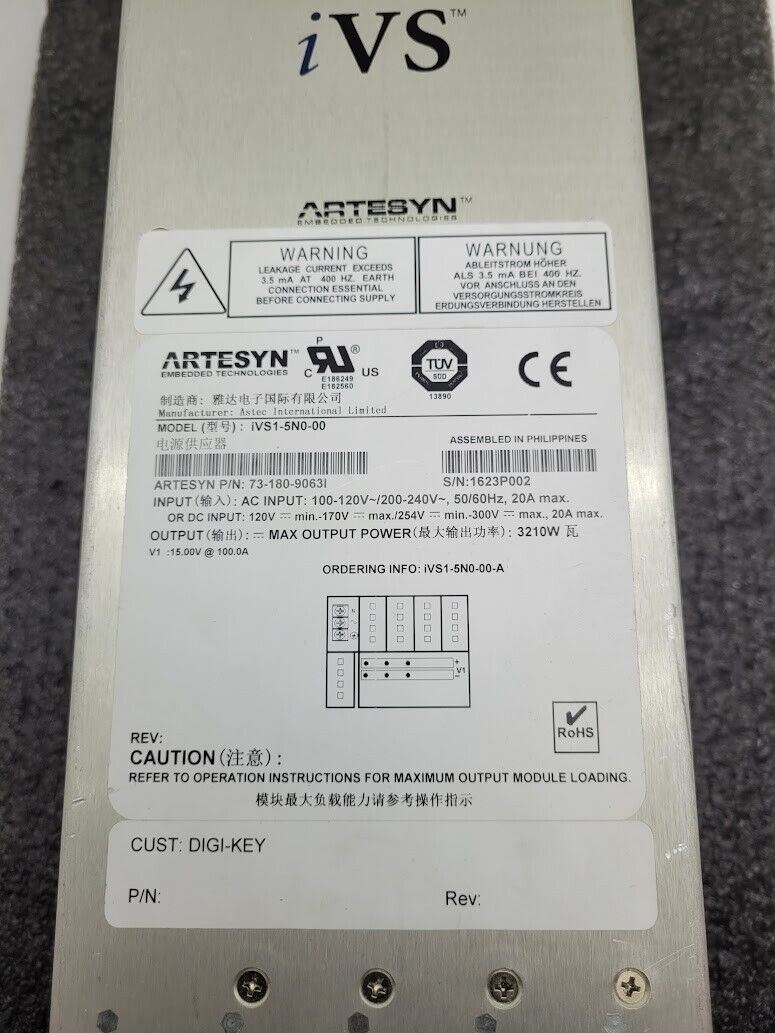 Artesyn DC Power Supply iVS1-5N0-00-A 1500W 15VDC 100A Output 100-240V 20A Input