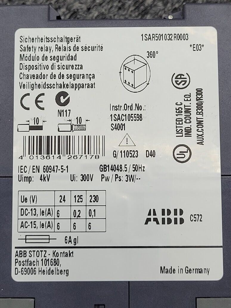 ABB 1SAR501032R0003 ABB C572 Safety Relay 24V DC 2 Channel DIN Rail Mount