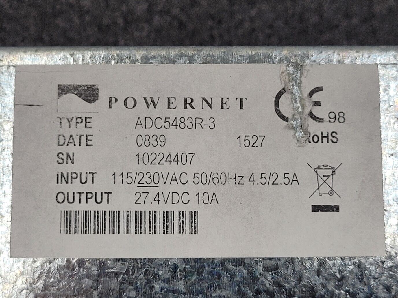 PowerNet ADC5483R-3 DC Power Supply 28VDC 10 Amps 115/230VAC 4.5A Input