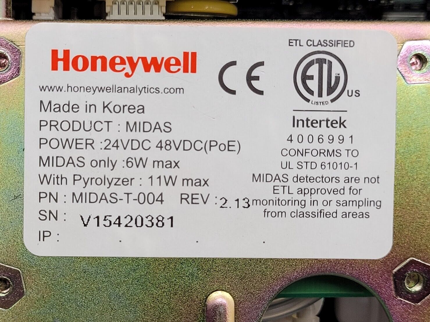 Honeywell MIDAS-t-004, MIDAS-E-H2X H2 Hydrogen Gas Detector / Transmitter