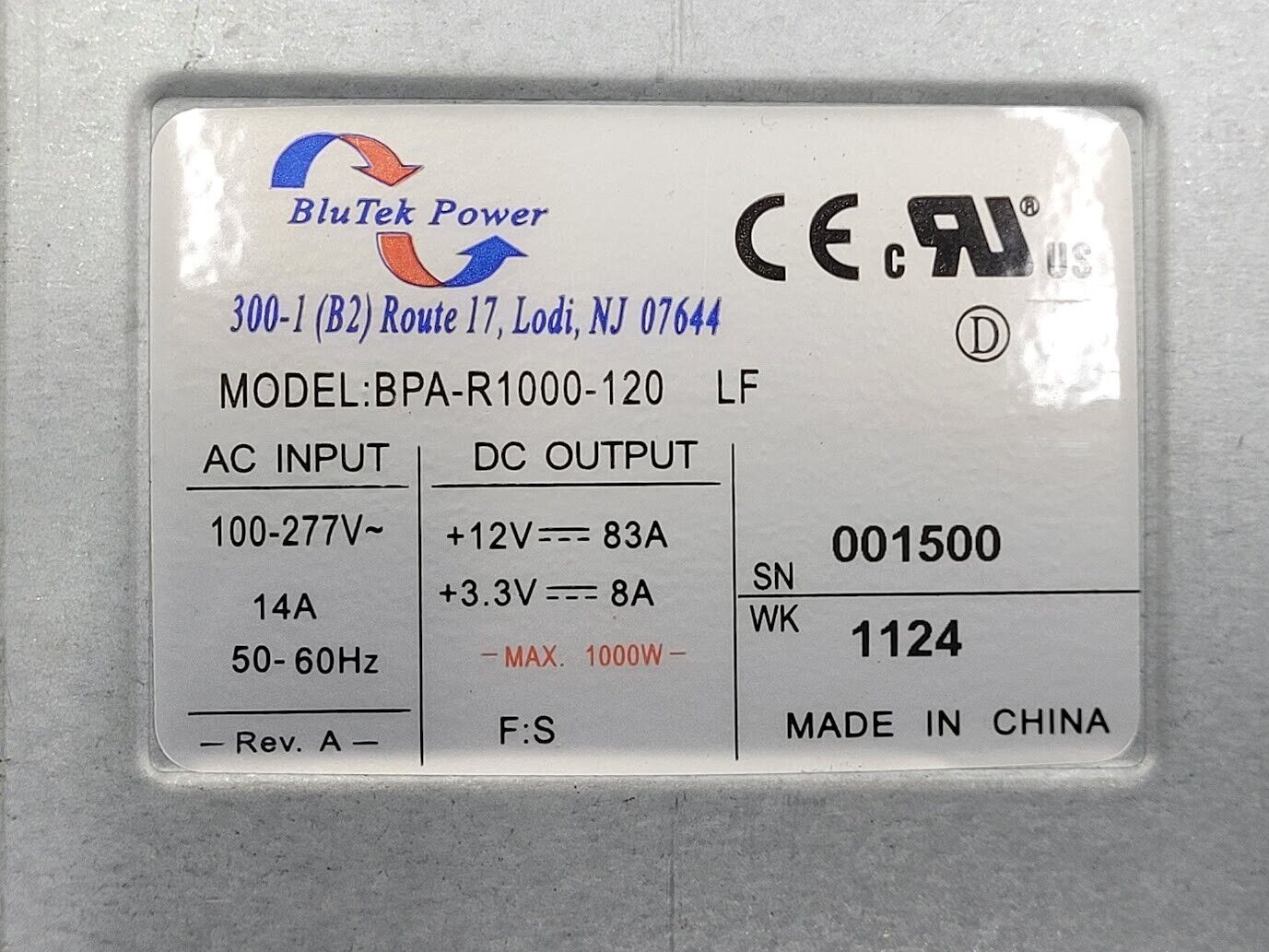 Lot of 2 E18 Power Supplies PSU-KIT-13 BPA-R1000-120 BluTek 1000W