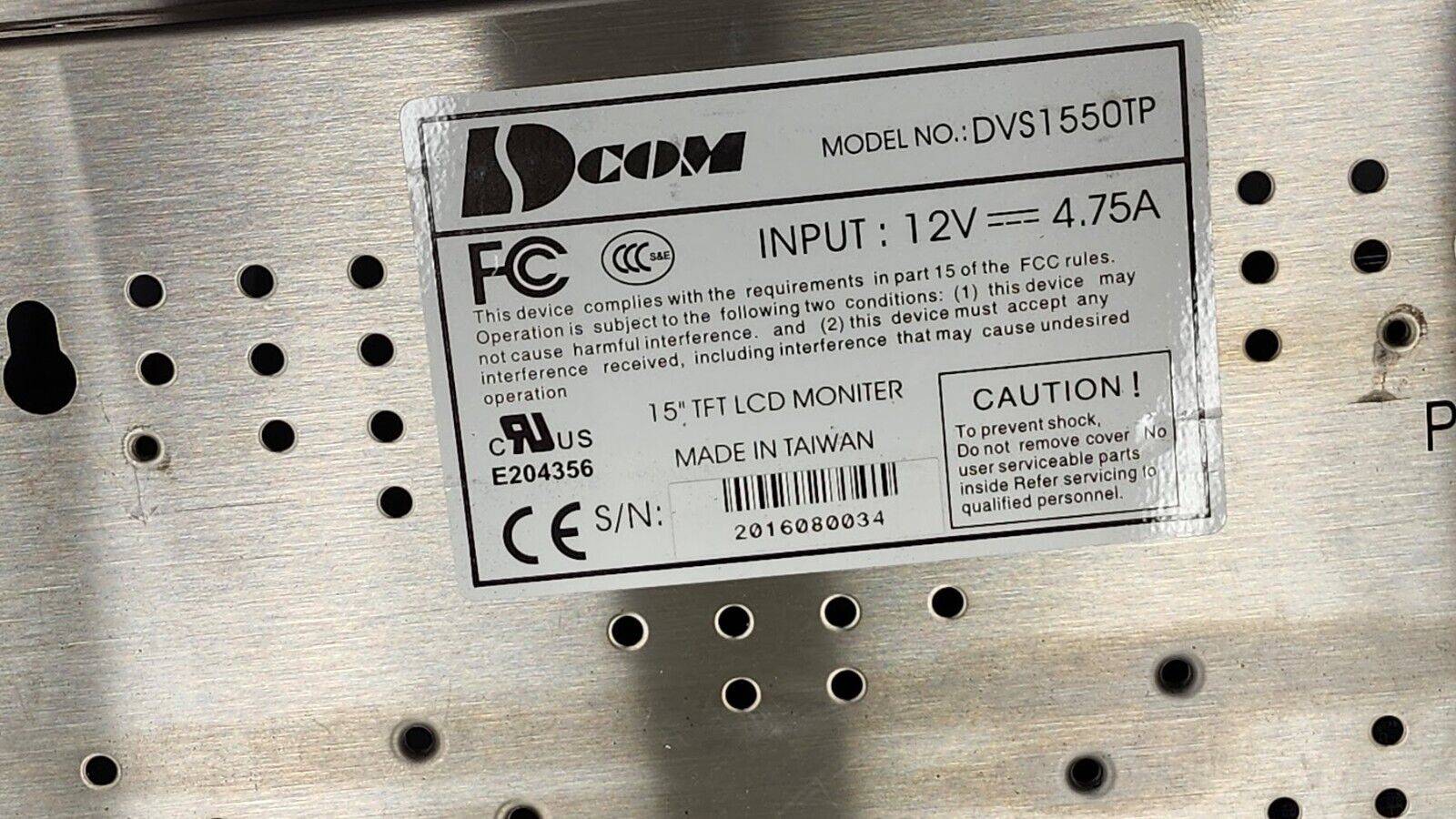 Dcom DVS1550TP 15" TFT Industrial Touchscreen LCD Monitor 12V 4.5A VGA Input