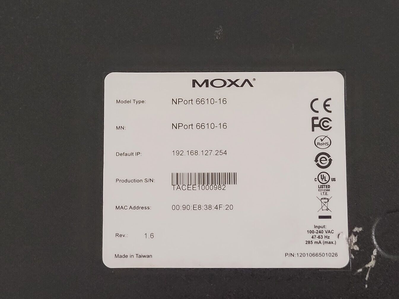 MOXA NPort 6610-16 16 Ports 8-pin RJ45 RS-232 Secure Device Server 100V~240Vac C