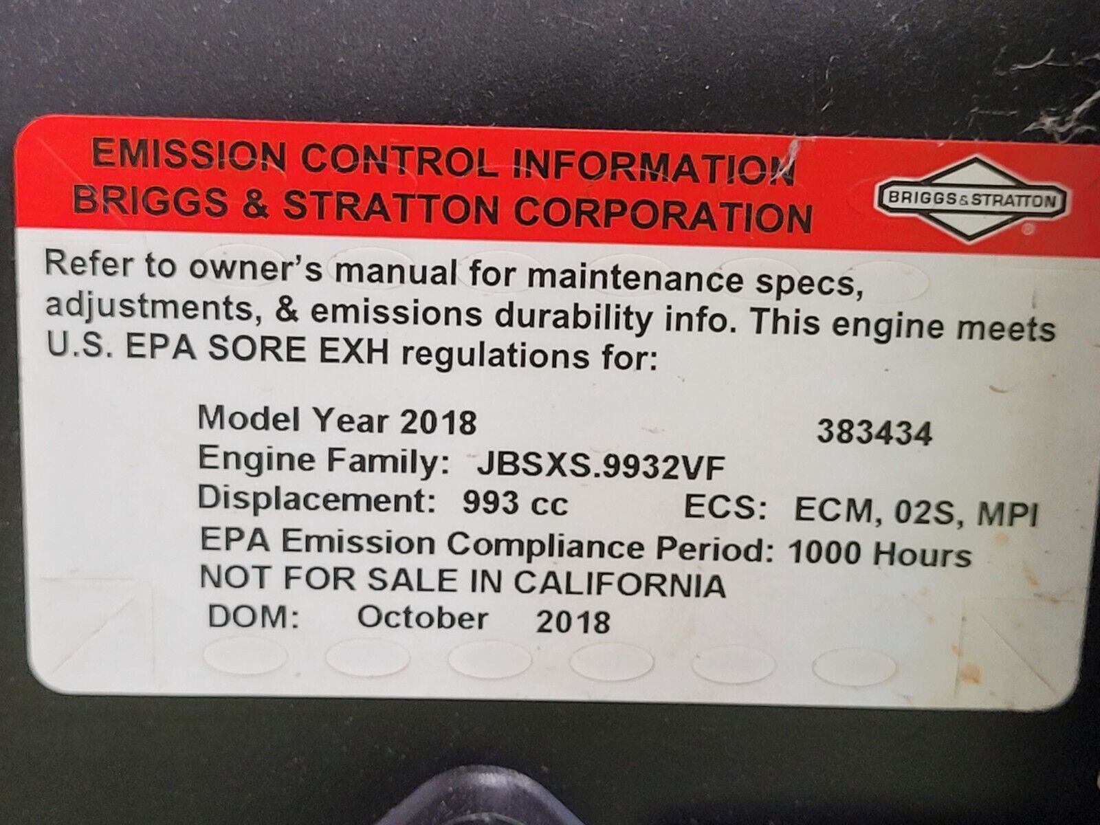 Vanguard Briggs & Stratton 993CC EFI37 37HP Vertical Shaft V-Twin Engine  200hrs