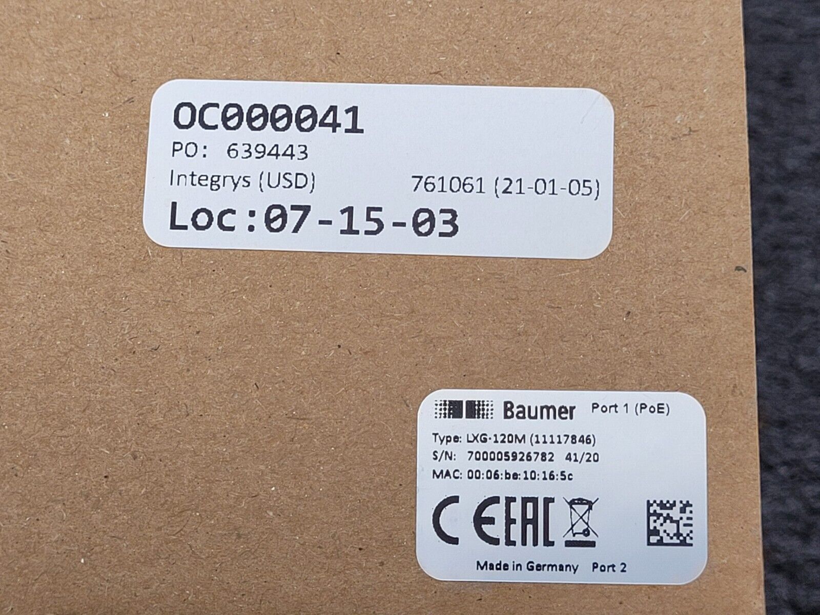 Baumer LXG-120M Industrial Inspection Camera Dual GigE 12MP Mono 4096x3072