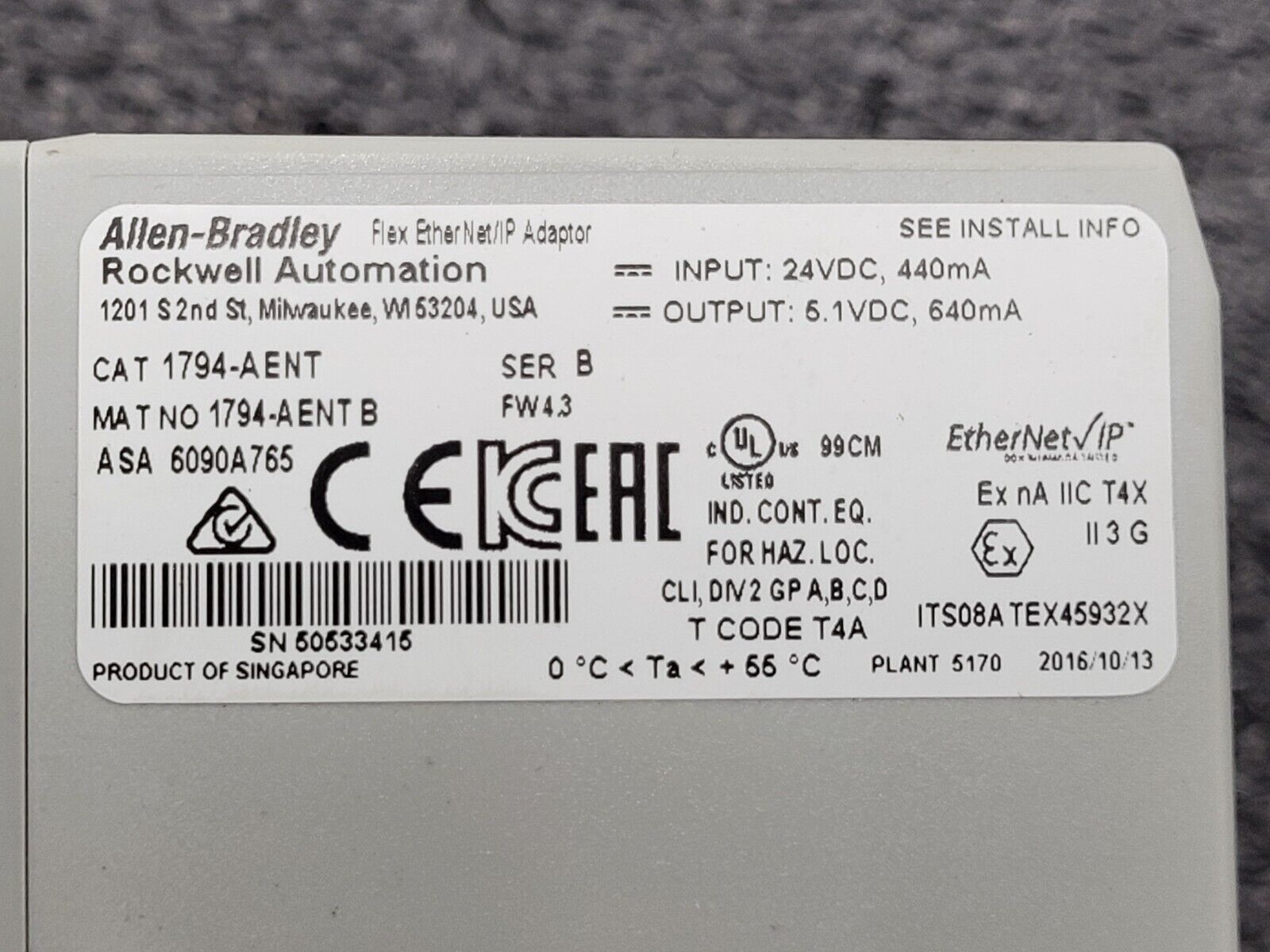 Allen Bradley 1794-AENT /B FLEX I/O EtherNet/IP 10/100 Mbps Adapter Module 24VDC