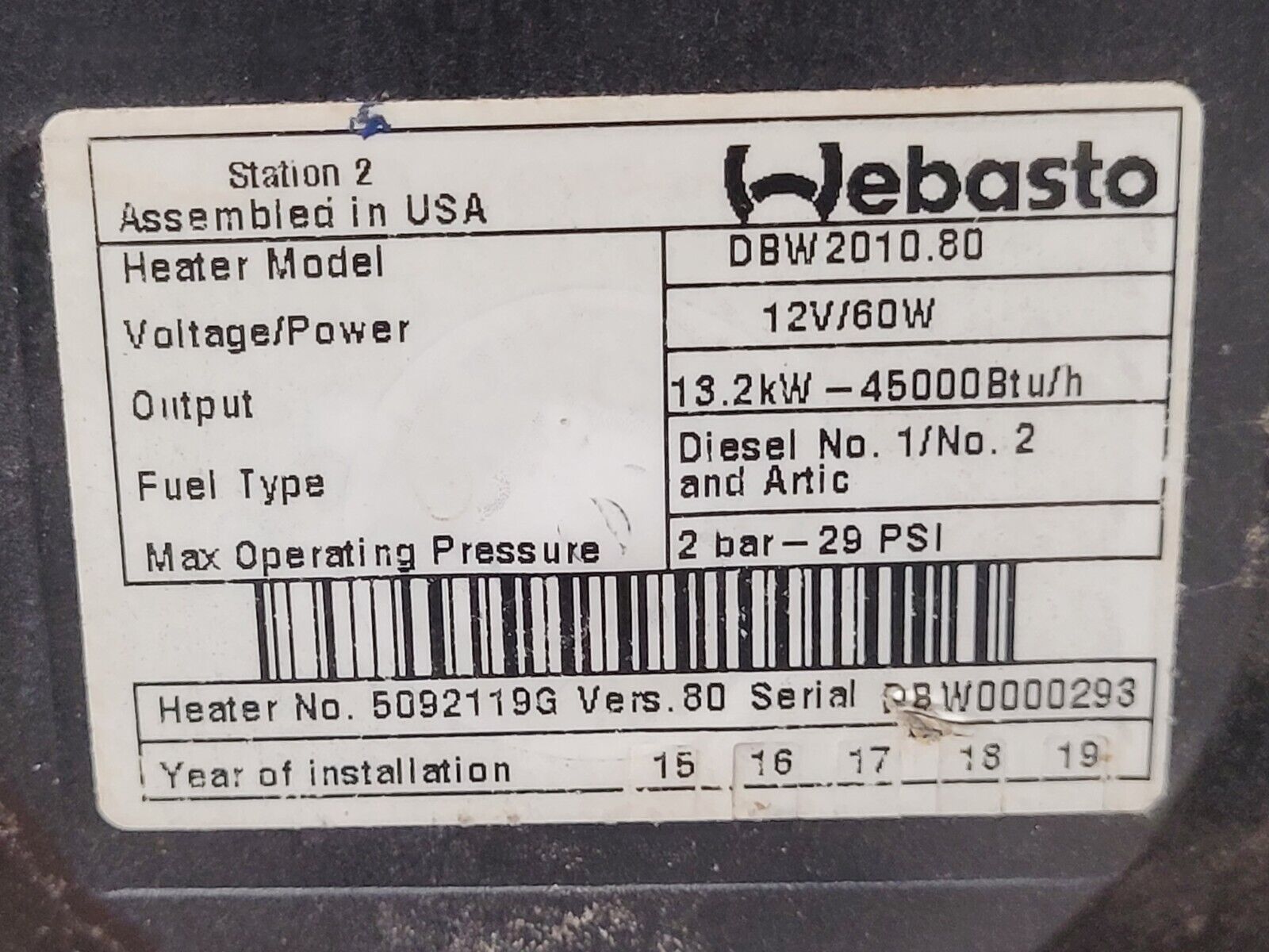 Webasto Arctic Fox DBW2010.80 Diesel Heater 13.2kW 12 Volt 60W With Cover B2