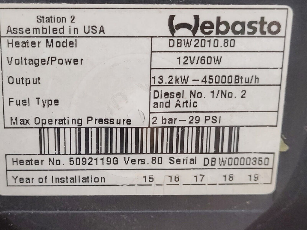 Webasto Arctic Fox DBW2010.80 Diesel Heater 13.2kW 12 Volt 60W With Cover B3