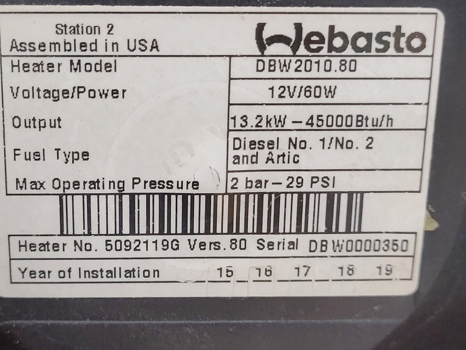Webasto Arctic Fox DBW2010.80 Diesel Heater 13.2kW 12 Volt 60W With Cover B3