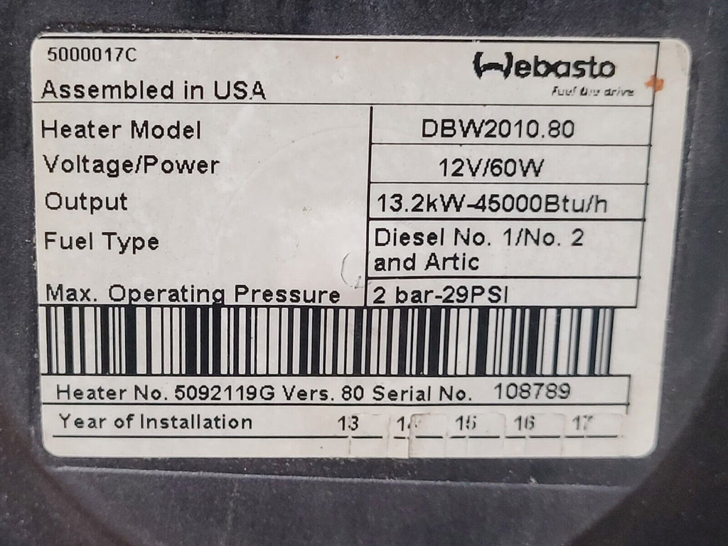Webasto Arctic Fox DBW2010.80 Diesel Heater 13.2kW 12 Volt 60W With Cover B4