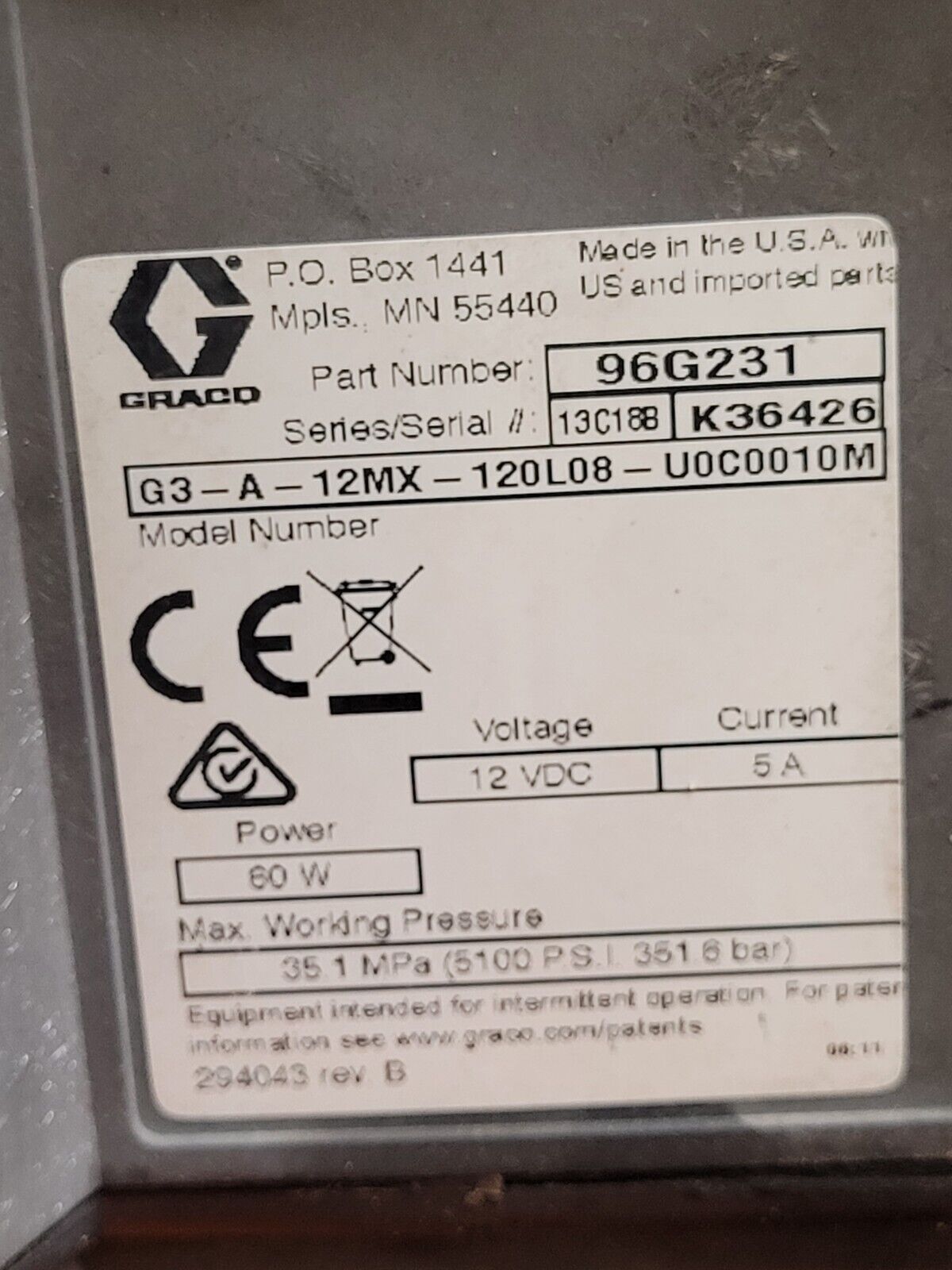 GRACO G3 Lubrication Pump 96G231 G3-A-12MX-120L08 12VDC 5100 PSI Working Pull B