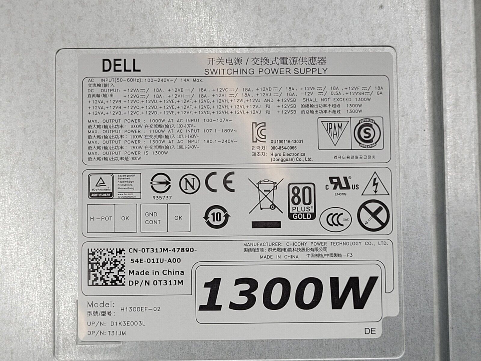 DELL 1300W Power Supply T31JM H1300EF-02 Precision T7910 Workstation 0V5K16