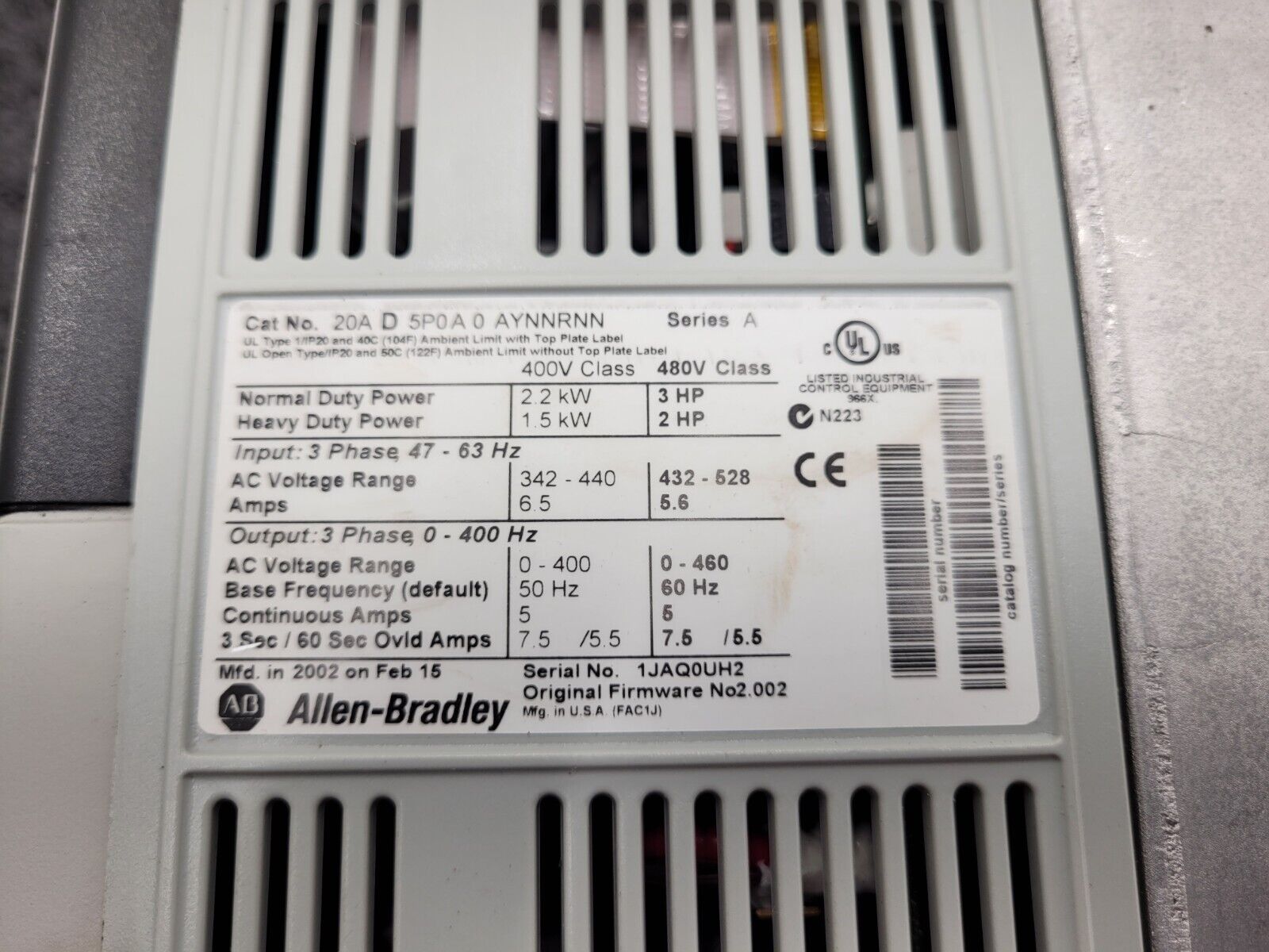 Allen Bradley 20AD5P0A0AYNNRNN /A PowerFlex 70 480V 3HP AC VFD Motor Drive