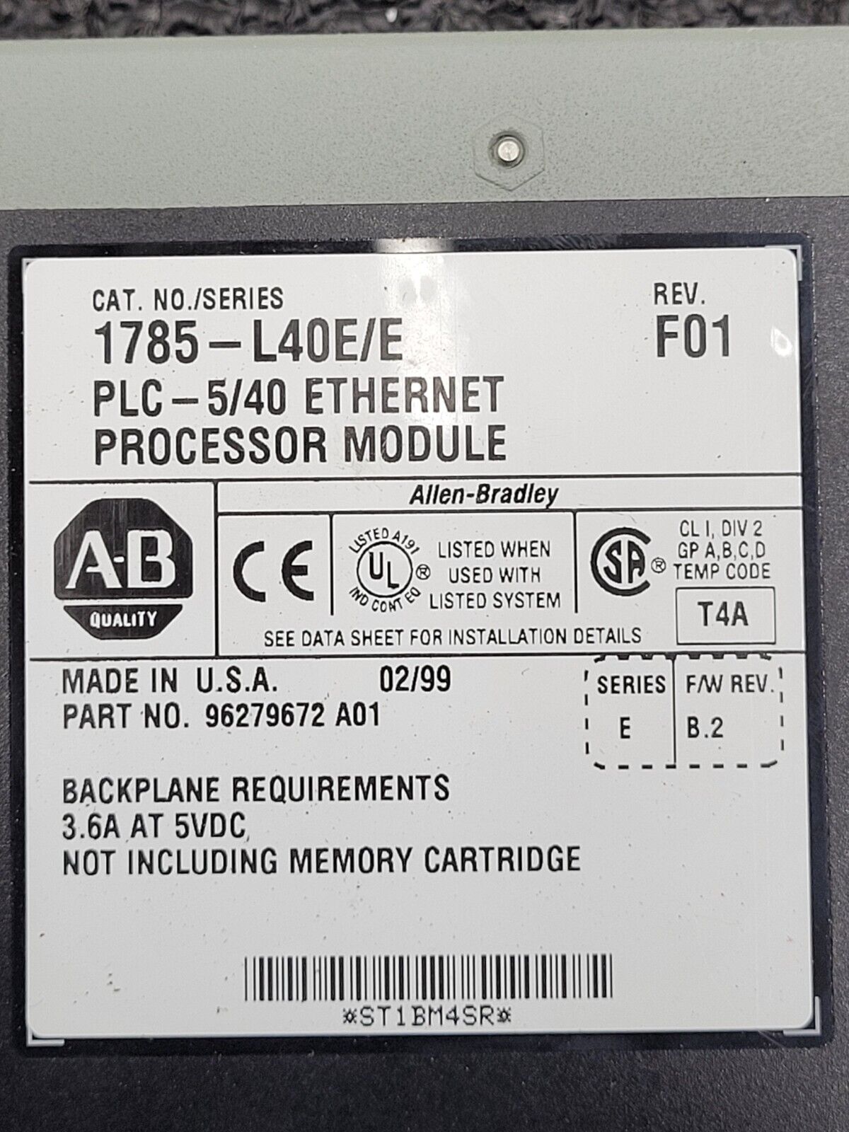 1785-L40E/E REV F01 Allen Bradley PLC 5/40 Ethernet Processor 1785L40E 02/99