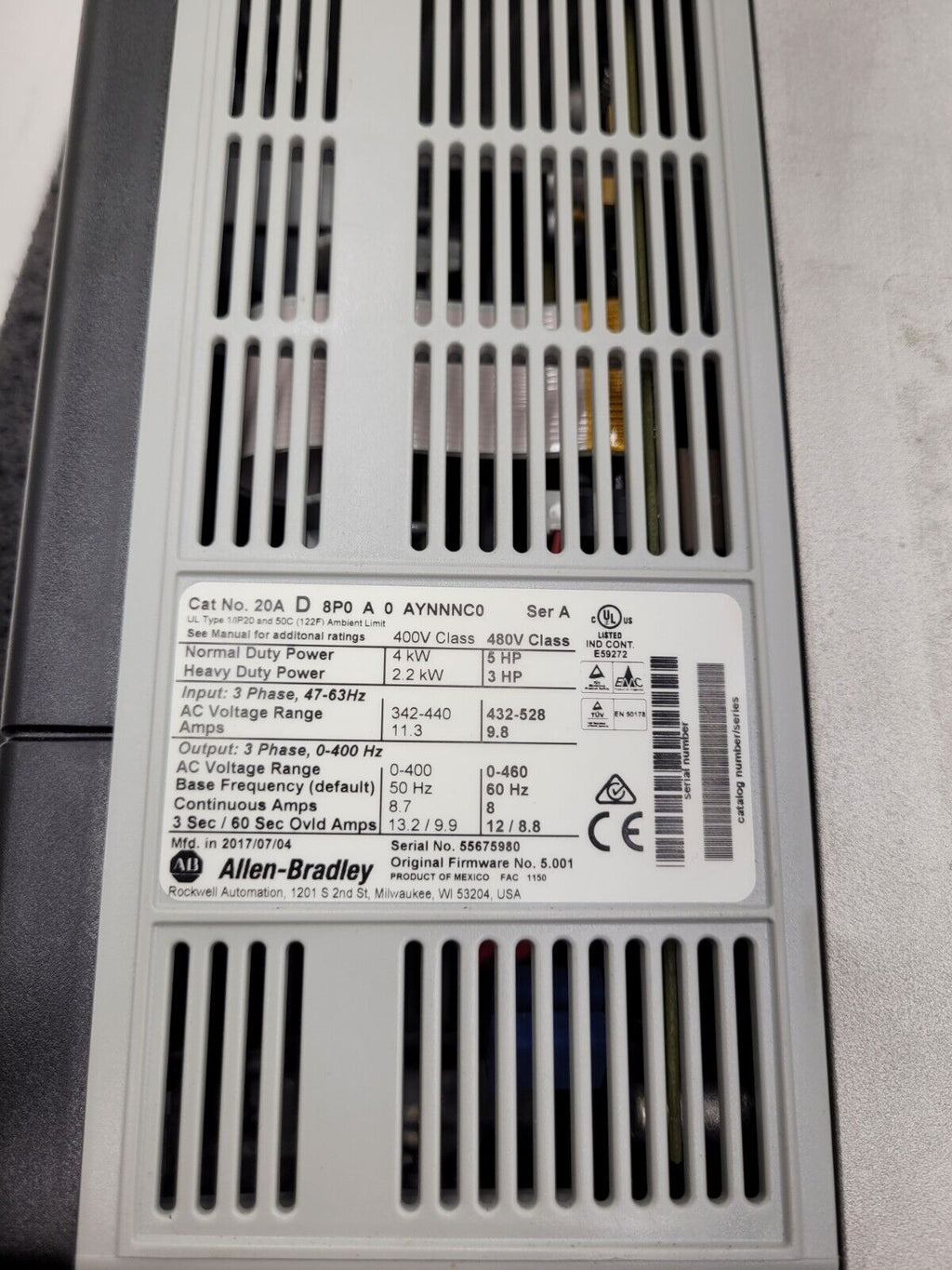 Allen Bradley 20AD8P0A0AYNNNC0 /A PowerFlex 70 480V 5HP AC VFD Motor Drive 2017