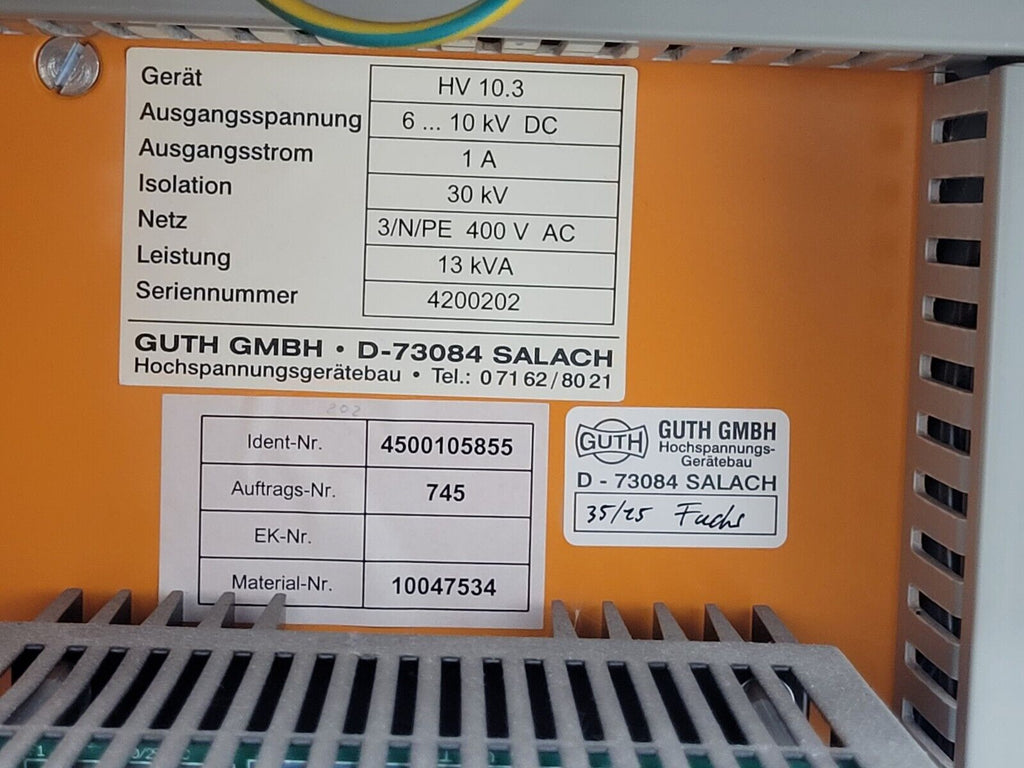 GUTH GMBH High Voltage Power Supply HV 10.3 6-10kV DC Output 1A 400VAC 3PH Input