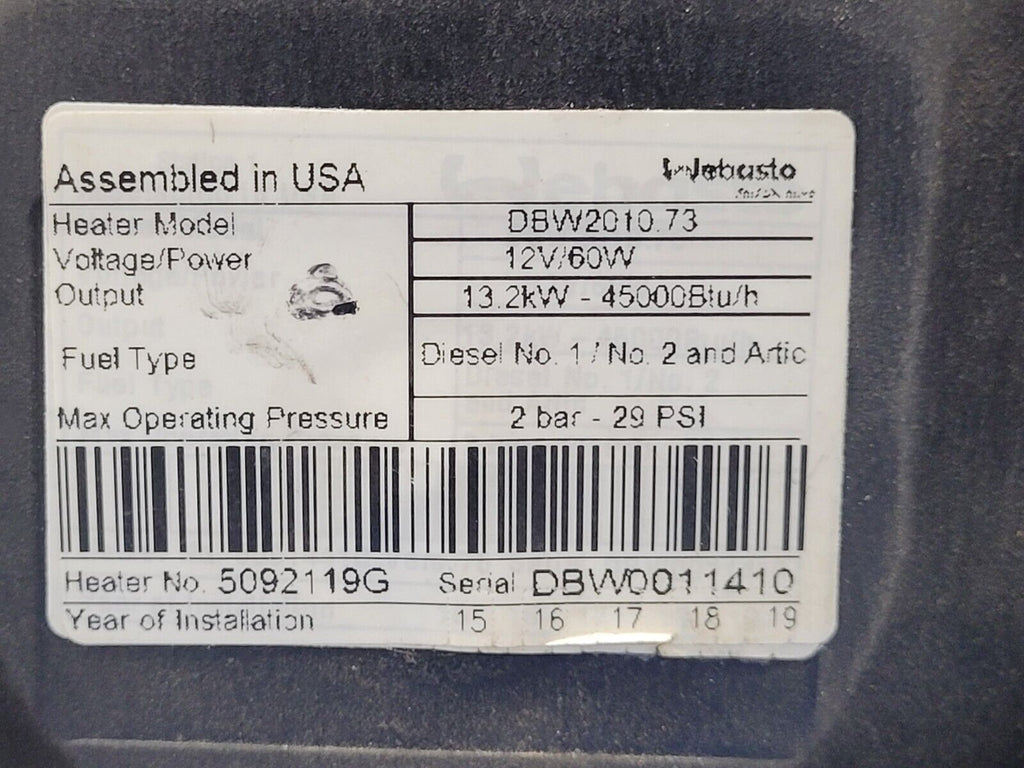 Webasto Arctic Fox DBW2010.73 Diesel Heater 13.2kW 12 Volt 60W With Cover B8