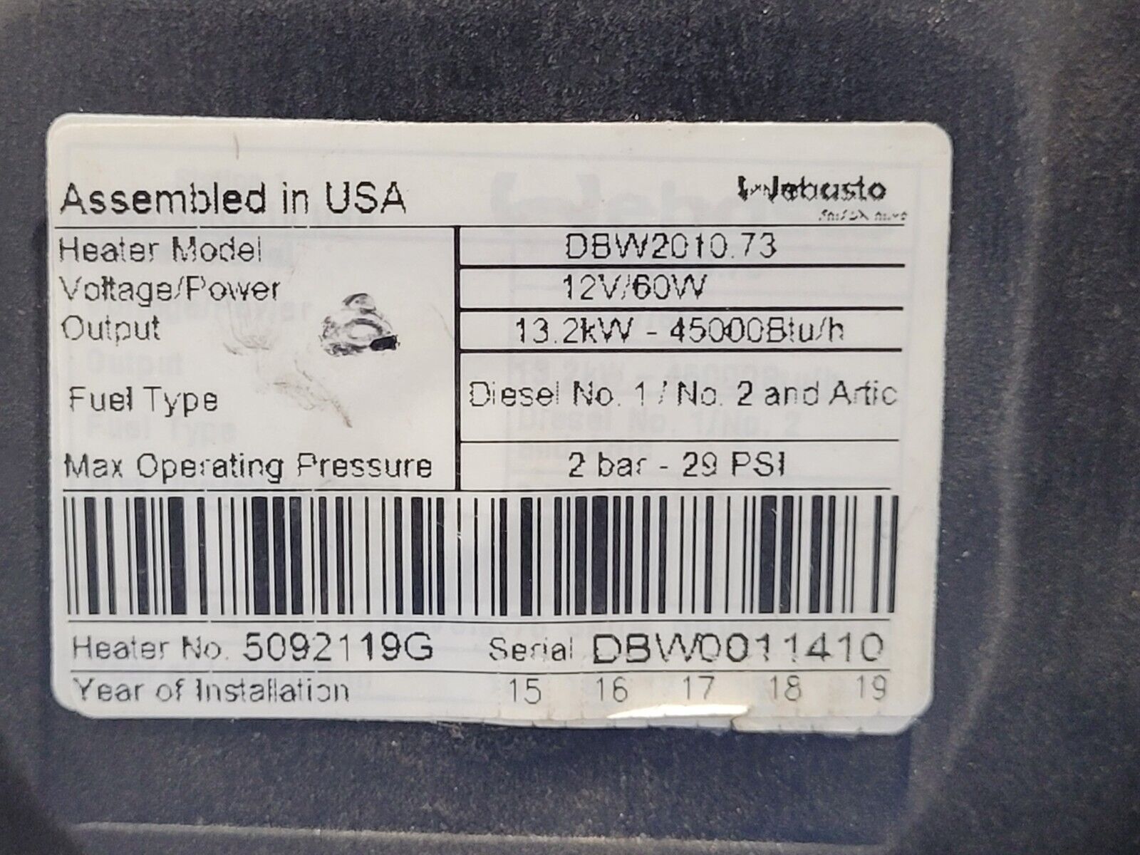 Webasto Arctic Fox DBW2010.73 Diesel Heater 13.2kW 12 Volt 60W With Cover B8