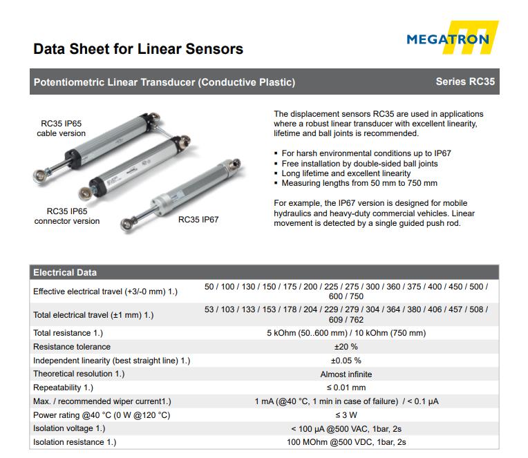 Megatron RC35-130-K Potentiometric Linear Transducer 130mm Travel